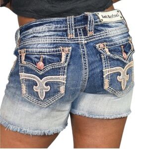 Rock Revival Angie Jeans Shorts Blue Low Rise Frayed Dip Dye Acid Ombre Size 29